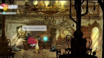 HD desktop wallpaper of Child of Light game scene with characters in an ornate, whimsical room.