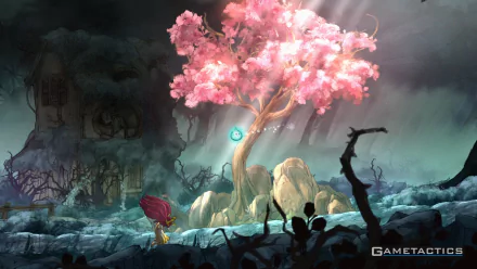 HD desktop wallpaper featuring a mystical scene from Child of Light with a glowing tree and fairy-tale atmosphere.