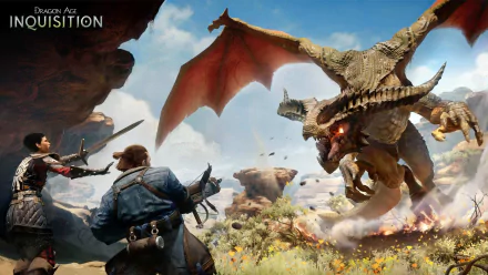 A captivating HD wallpaper from Dragon Age: Inquisition, showcasing a fierce dragon battle amidst stunning landscapes and dynamic characters ready for action.