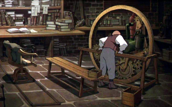 Anime Steamboy HD desktop wallpaper: an inventor in a period workshop leans into a large brass steam wheel and engine, surrounded by wooden benches, desks and shelves of books.