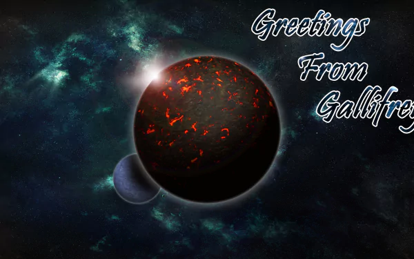 HD desktop wallpaper of Gallifrey: molten, red-flecked planet and moon in space against a teal nebula, caption Greetings From Gallifrey — Doctor Who (2005) TV show.