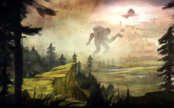 HD wallpaper of Child of Light featuring a mystical landscape with silhouetted figures and a warm, watercolor sky.