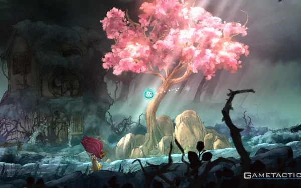 HD desktop wallpaper featuring a mystical scene from Child of Light with a glowing tree and fairy-tale atmosphere.