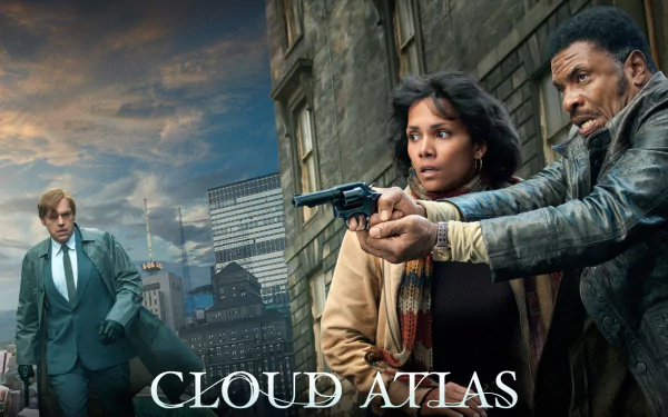 HD PC desktop wallpaper featuring a tense scene from the movie Cloud Atlas with characters aiming a gun in a gritty urban setting under a dramatic sky.