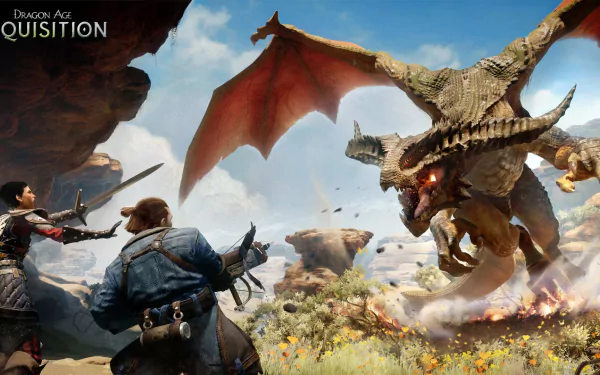 A captivating HD wallpaper from Dragon Age: Inquisition, showcasing a fierce dragon battle amidst stunning landscapes and dynamic characters ready for action.