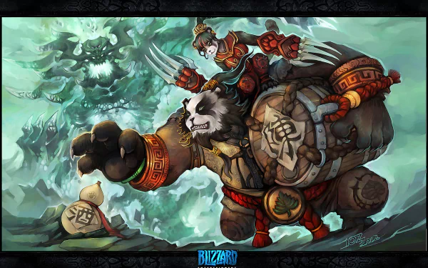 HD desktop wallpaper from the video game World of Warcraft: Mists of Pandaria, featuring a panda warrior and a female monk in dynamic battle-ready poses.