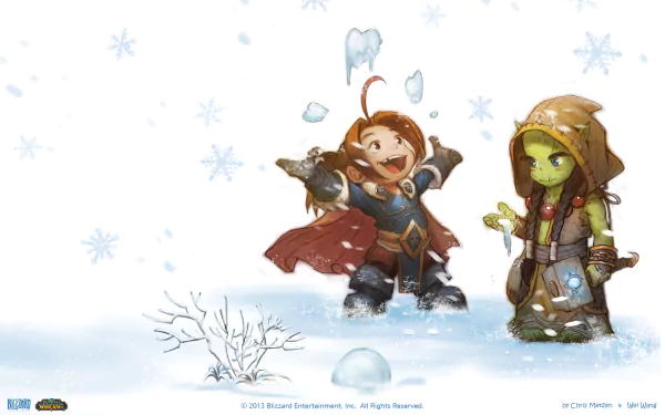 A vibrant World of Warcraft HD wallpaper featuring two playful characters in a snowy landscape, capturing the spirit of adventure and camaraderie in the game.