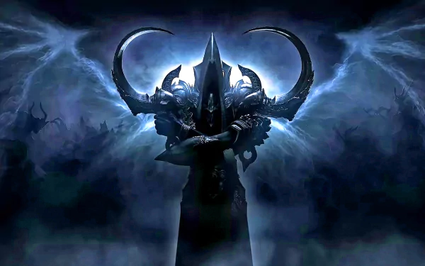Malthael from Diablo III: Reaper of Souls stands ominously, shrouded in dark mist with dramatic lighting, creating a striking HD wallpaper for fans of the game.