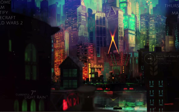 HD desktop wallpaper featuring a stylized cityscape from the game Transistor with vibrant colors and neon lights.