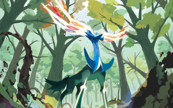 Majestic Xerneas, a legendary Pokémon, stands in a vibrant forest, radiant with colorful antlers. This stunning HD wallpaper immerses you in the enchanting world of Pokémon.