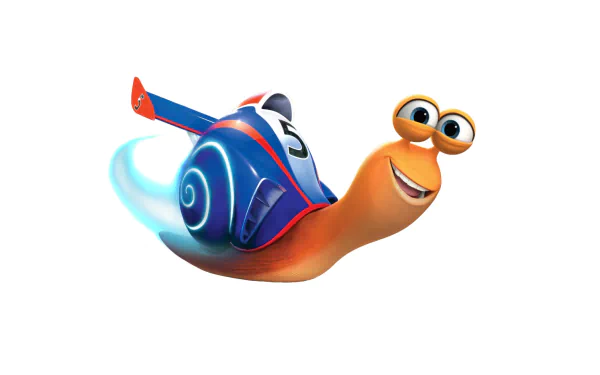 HD PC desktop wallpaper featuring Turbo, the animated snail from the movie Turbo, with a racing shell and a joyful expression on a white background.