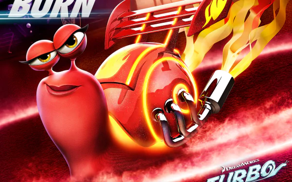 HD PC desktop wallpaper featuring Turbo, the racing snail from the movie Turbo, with flames and a fiery background.