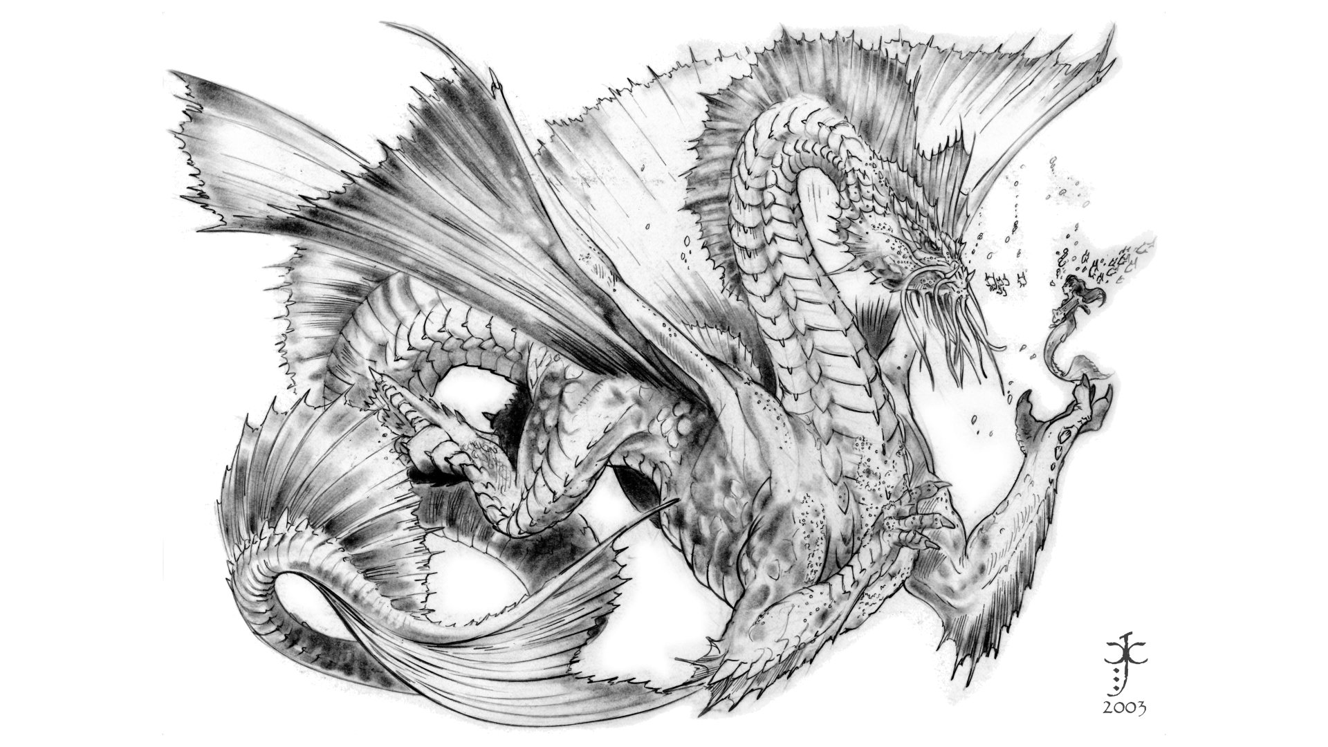 Black-and-white fantasy dragon sketch, coiled with fins and wings, breathing embers — 5K Ultra HD PC desktop wallpaper and background.