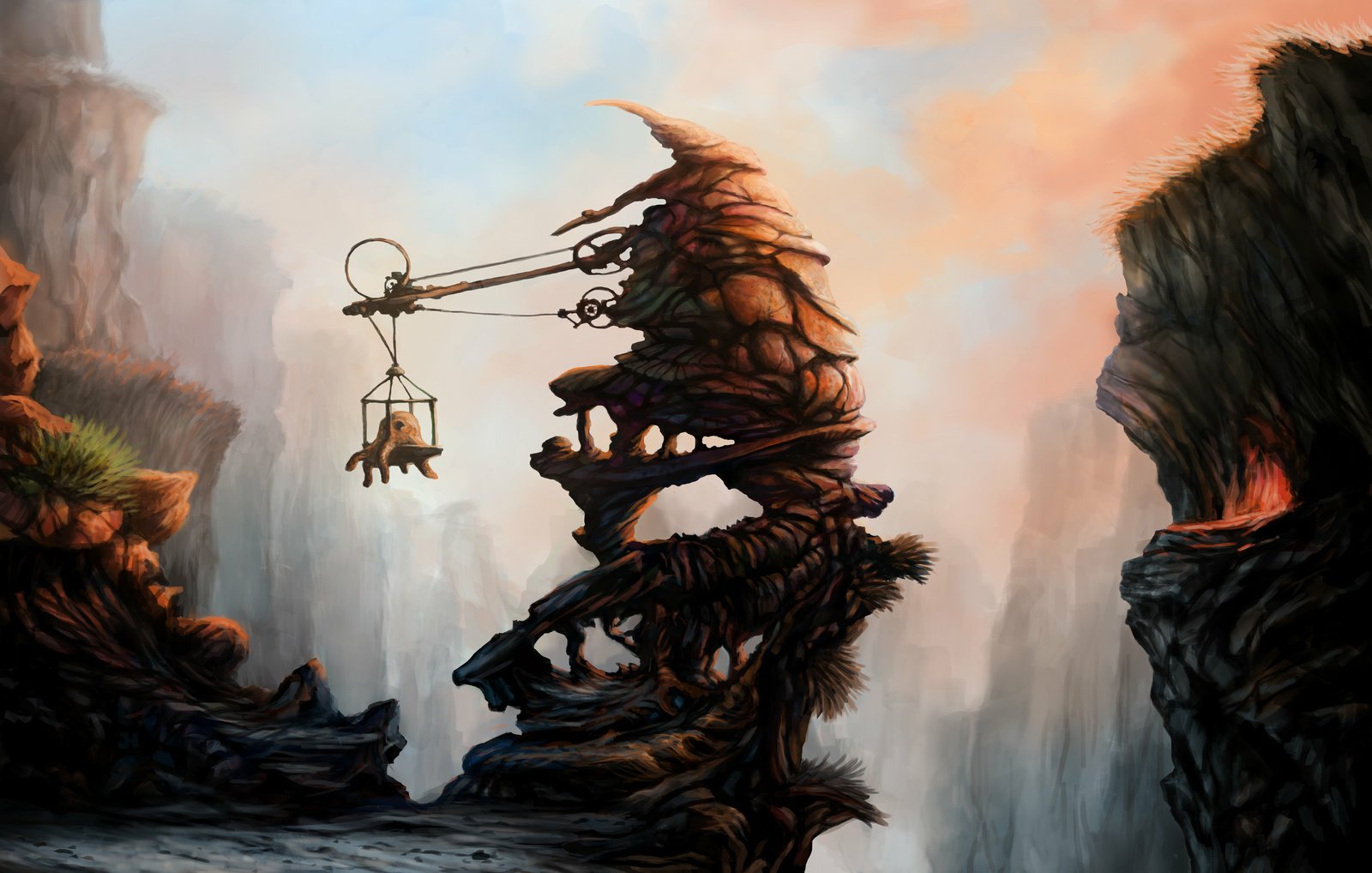 HD fantasy PC desktop wallpaper depicting a surreal, organic house perched on rocky cliffs with a crane-like structure holding a hanging lantern in a misty, otherworldly landscape.