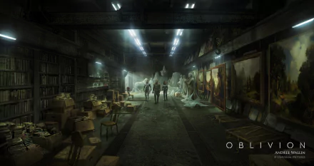 HD PC desktop wallpaper/background from the movie Oblivion (2013): moody concept art of figures walking through a dim, ruined gallery lined with paintings, crates, and overhead lights.