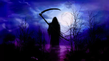A dark and atmospheric HD wallpaper featuring a grim reaper silhouette against a mystical night sky, complete with a full moon and barren trees.