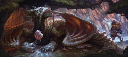 Fantasy dragon HD PC desktop wallpaper and background: a horned dragon curled among candy-striped mushrooms and a striped lollipop in a misty forest.