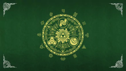HD PC desktop wallpaper featuring The Legend of Zelda emblem in gold on a green background with intricate symbols from the video game series.