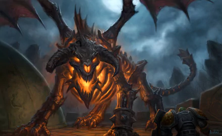 HD desktop wallpaper from World of Warcraft: The Burning Crusade featuring a fierce dragon with glowing orange eyes and armor in a dark, stormy environment.