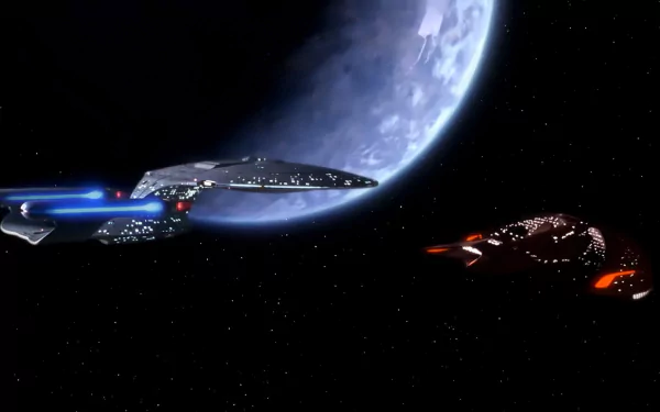 HD PC desktop wallpaper from the TV show Star Trek: The Next Generation — the USS Enterprise‑D nears a blue planet as a Klingon ship waits against a starfield.