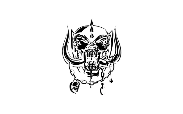 HD desktop wallpaper featuring the iconic Motorhead logo design, showcasing a fierce, stylized skull with protruding tusks and chains.