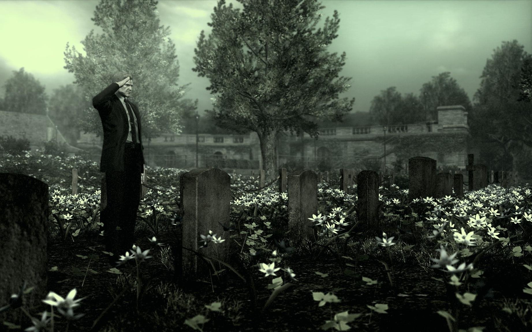 HD Metal Gear video game wallpaper featuring a solemn scene in a graveyard, with a character saluting in front of tombstones, surrounded by lush greenery and flowers under a cloudy sky.