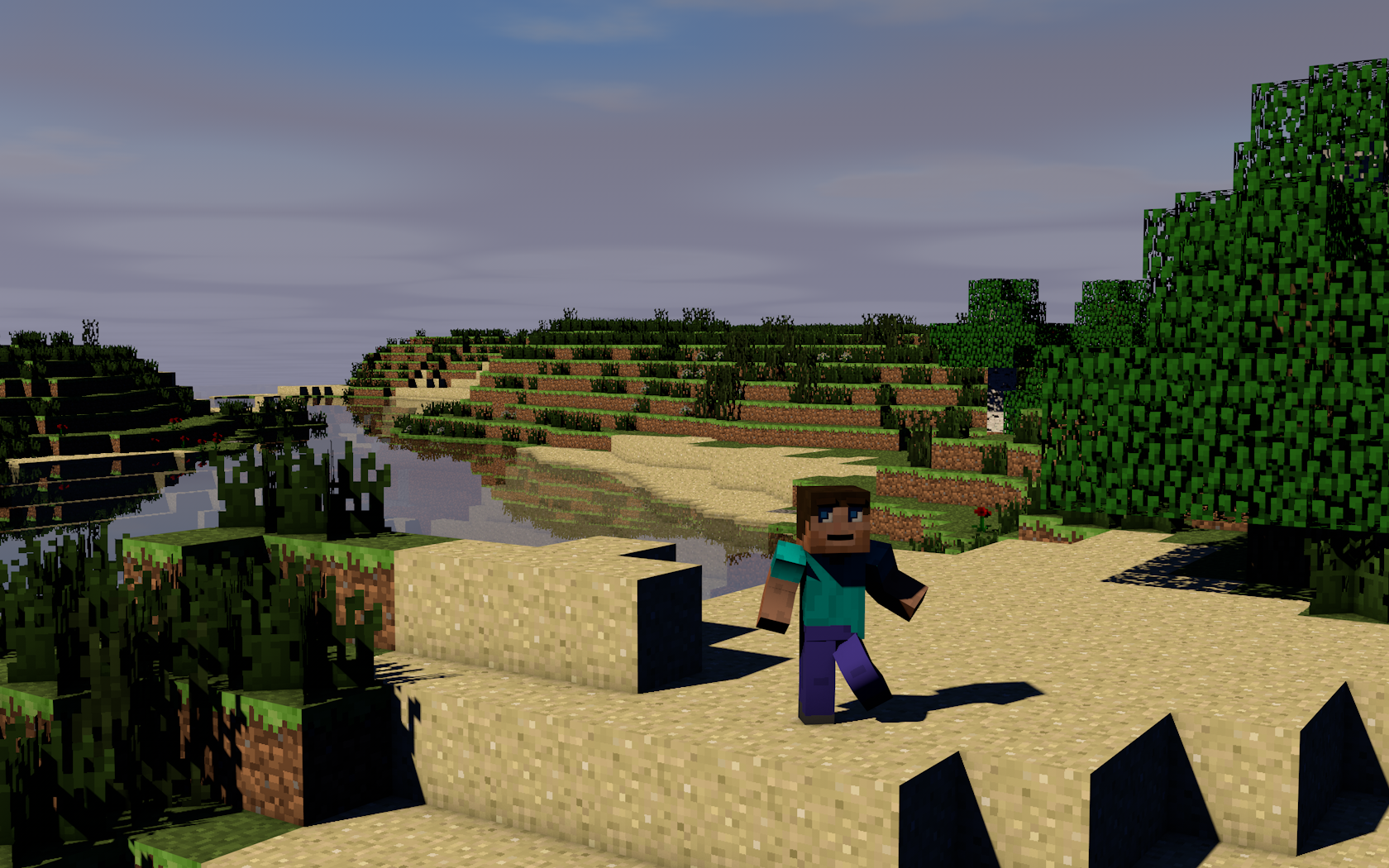 HD Minecraft PC wallpaper showing a character standing on a sandy island with blocky trees and terrain under a partly cloudy sky.