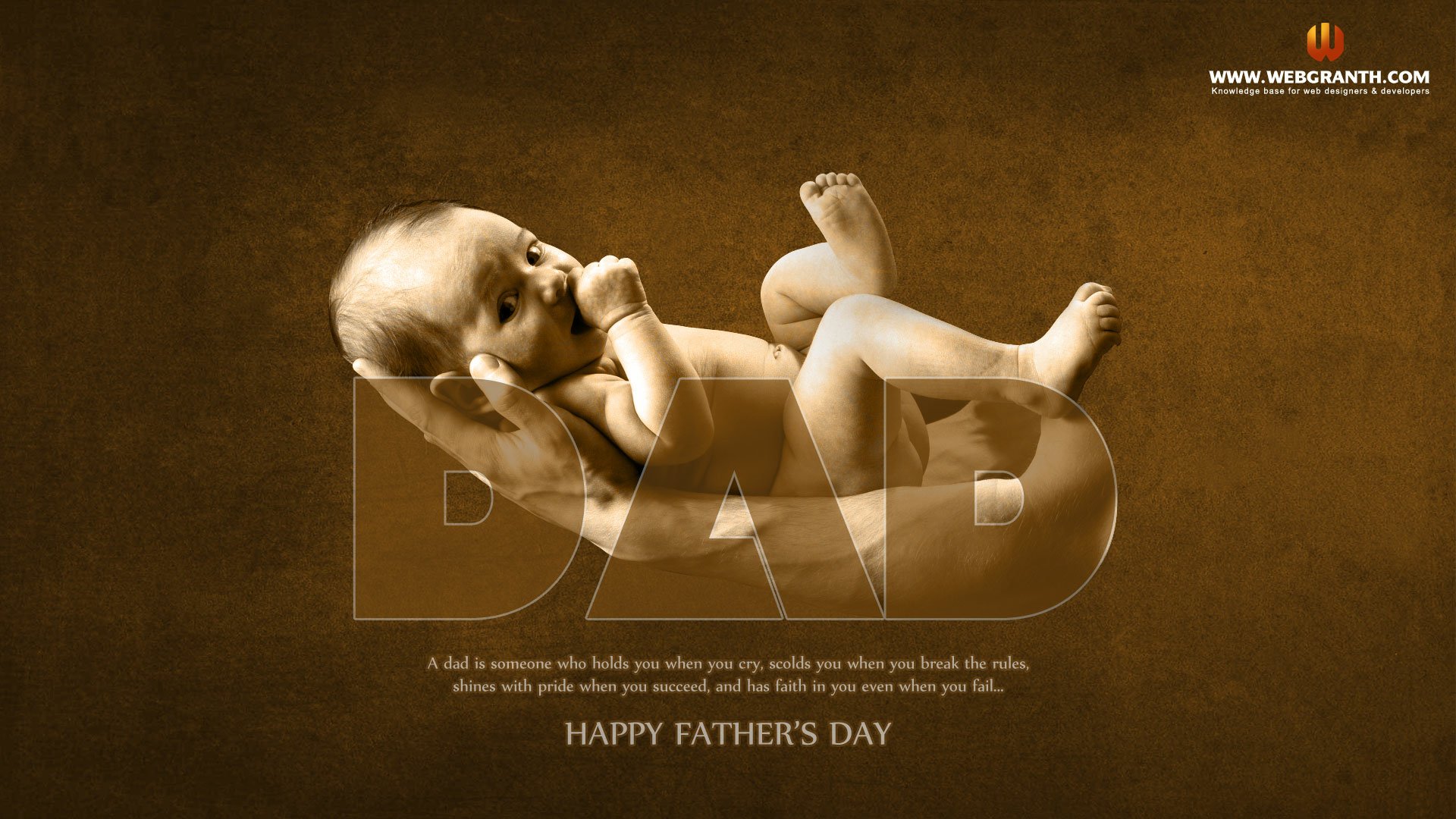 HD Father's Day themed wallpaper featuring a baby and a tribute message for Dad, set against a brown background.