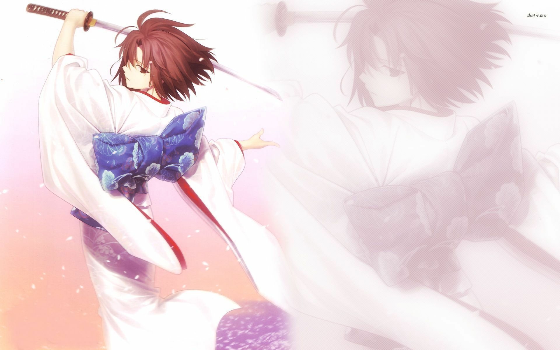 A dynamic anime character from Kara no Kyōkai wields a sword, dressed in a traditional kimono, set against a vibrant, colorful background. HD desktop wallpaper capturing action and style.