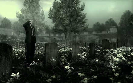 HD Metal Gear video game wallpaper featuring a solemn scene in a graveyard, with a character saluting in front of tombstones, surrounded by lush greenery and flowers under a cloudy sky.