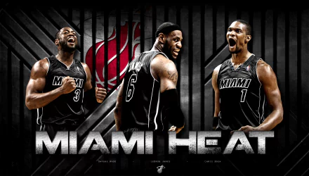 HD wallpaper featuring three Miami Heat players in action poses with the team's logo and MIAMI HEAT text.
