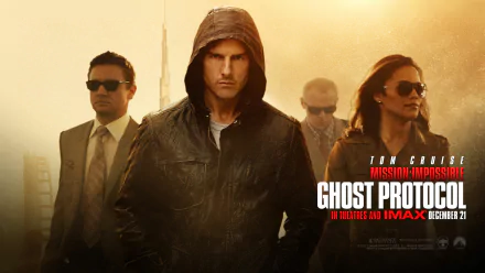 HD desktop wallpaper featuring a scene from the movie Mission: Impossible - Ghost Protocol with characters in intense, action-ready poses, wearing serious expressions against a dramatic background.