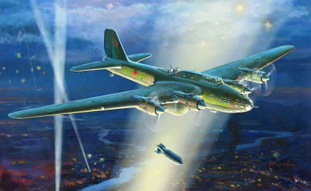 HD desktop wallpaper featuring a Petlyakov Pe-8 military aircraft in flight, with bombs dropping over a nighttime battlefield under a cloudy sky.