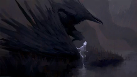 Fantasy-themed HD PC desktop wallpaper depicting a small white woman standing before a large, dark, bird-like creature in a mysterious, shadowy environment.