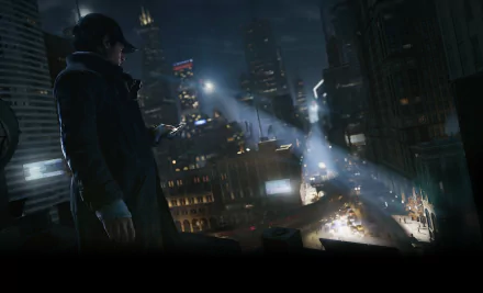 Aiden Pearce stands on a rooftop, overlooking a bustling city at night, as searchlights cut through the darkness in this striking HD wallpaper from the video game Watch Dogs.