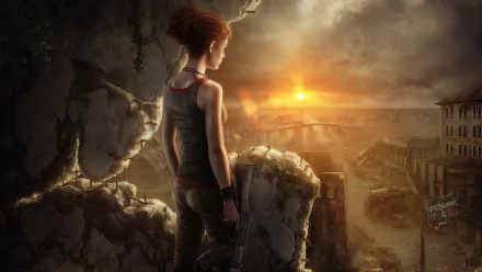 A post-apocalyptic scene featuring a lone figure standing on a crumbling edge, gazing at a dramatic sunset over a desolate cityscape. A striking sci-fi HD wallpaper background.
