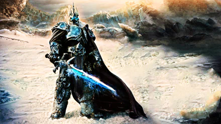 HD desktop wallpaper featuring the Lich King from World of Warcraft, standing in a snowy landscape with an icy sword, embodying the game's dark fantasy aesthetic.
