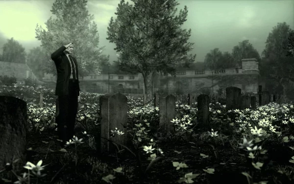 HD Metal Gear video game wallpaper featuring a solemn scene in a graveyard, with a character saluting in front of tombstones, surrounded by lush greenery and flowers under a cloudy sky.