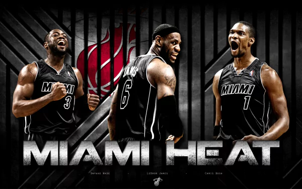 HD wallpaper featuring three Miami Heat players in action poses with the team's logo and MIAMI HEAT text.