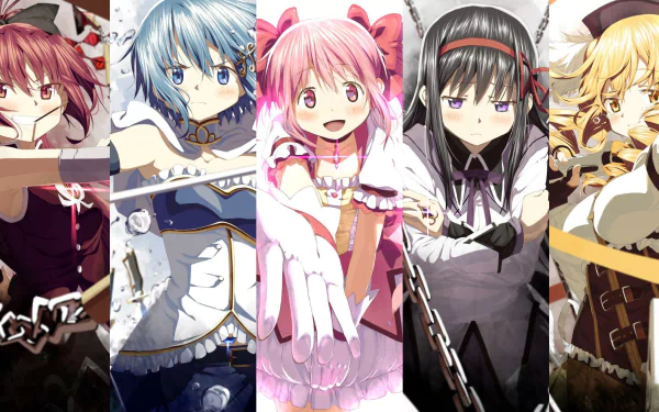 A vibrant HD wallpaper featuring the magical girls Sayaka Miki, Mami Tomoe, Kyōko Sakura, Madoka Kaname, and Homura Akemi from the anime Puella Magi Madoka Magica.