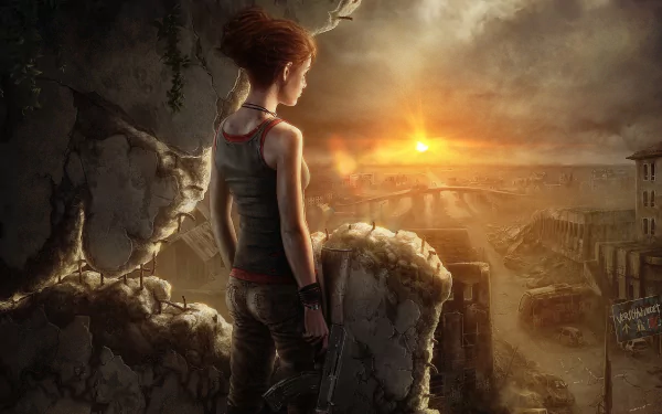 A post-apocalyptic scene featuring a lone figure standing on a crumbling edge, gazing at a dramatic sunset over a desolate cityscape. A striking sci-fi HD wallpaper background.