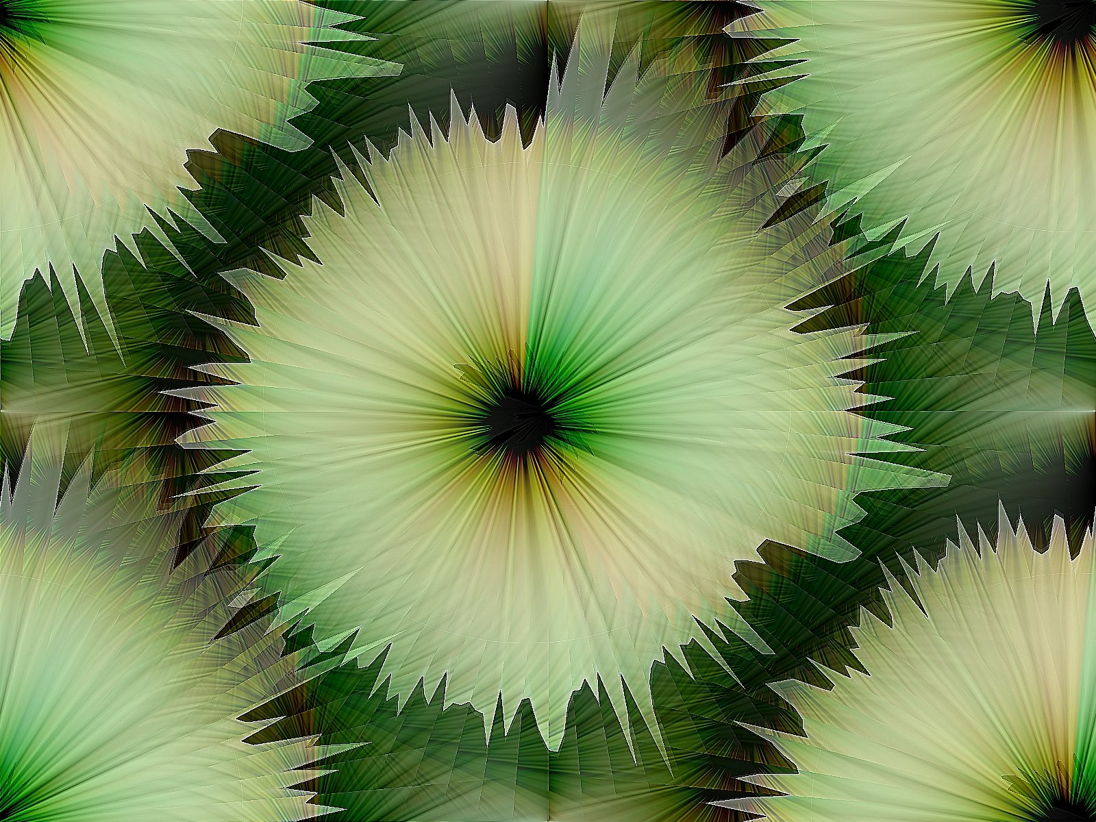 Abstract HD desktop wallpaper featuring a cool-toned CGI blossom with intricate textures, vibrant patterns, and layered flower shapes in green and beige hues.