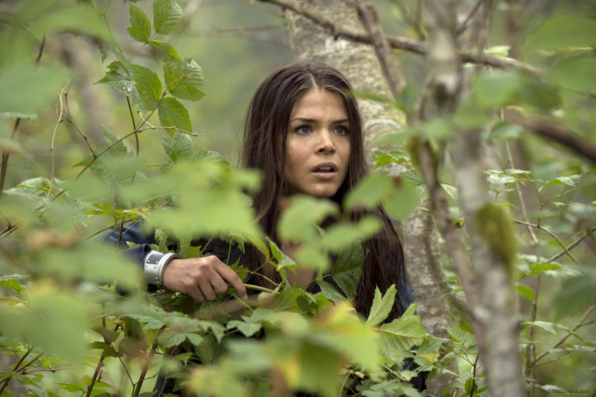 Octavia Blake from the TV show The 100 is shown crouching in dense greenery, alert and holding a weapon, captured in this HD PC desktop wallpaper and background.
