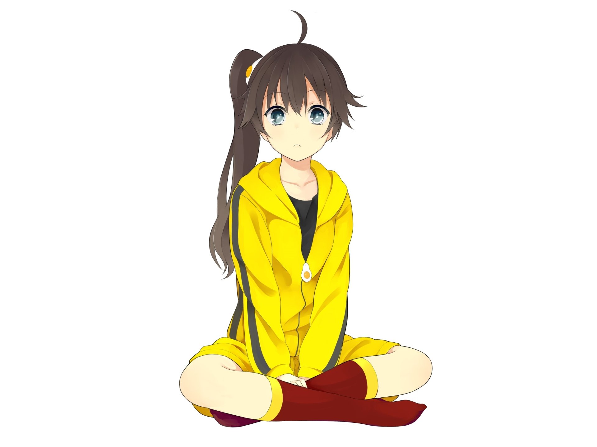 HD PC desktop wallpaper featuring Karen Araragi from Monogatari Series: Second Season in anime style, sitting cross-legged in a yellow jacket.
