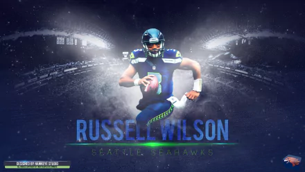 HD desktop wallpaper featuring NFL quarterback Russell Wilson in Seattle Seahawks uniform on a football field with dynamic lighting and sports-themed background.