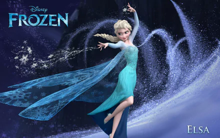 HD desktop wallpaper featuring Elsa from the movie Frozen, gracefully casting ice magic against a starry, dark blue background.