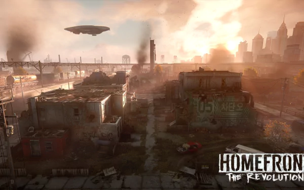 HD PC desktop wallpaper from the video game Homefront: The Revolution features a post-apocalyptic urban landscape with smoke, ruined buildings, and a hovering airship.