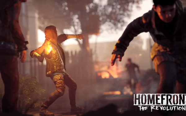 HD PC desktop wallpaper from the video game Homefront: The Revolution, depicting armed characters in a tense urban environment with fire and smoke.