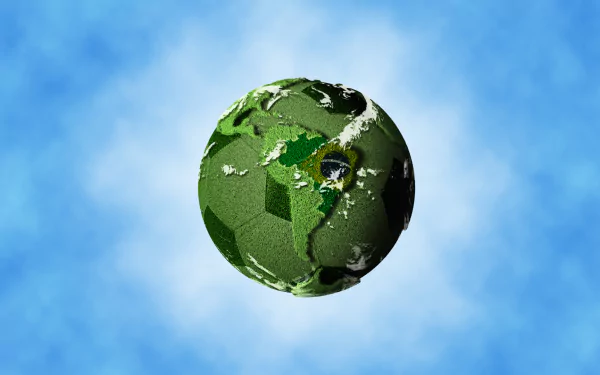 HD PC desktop wallpaper depicting a globe designed as a green soccer field, representing the FIFA World Cup Brazil 2014 in a vibrant sports-themed background.