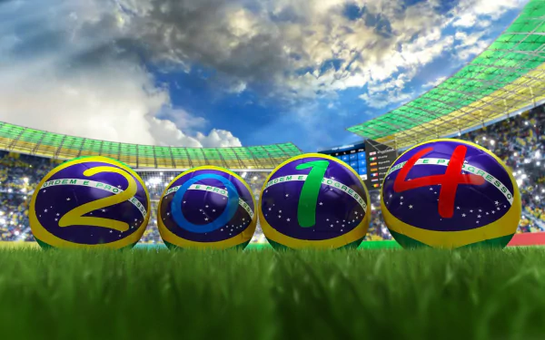 HD PC desktop wallpaper featuring colorful soccer balls spelling 2014 on grass inside a stadium, themed around the FIFA World Cup Brazil 2014 sports event.